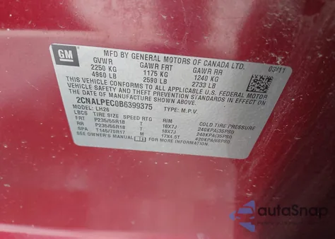 2011 Chevrolet Equinox Lt из США, поврежденный, VIN 2CNALPEC0B6399375